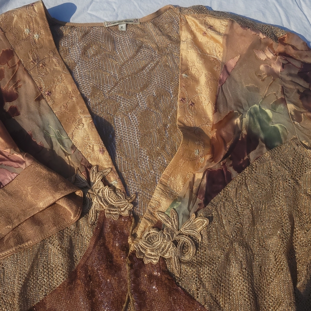 Vintage Floral Lace & Silk Cottagecore Spencer Alexis Cardigan Jacket XL - Picture 4 of 17